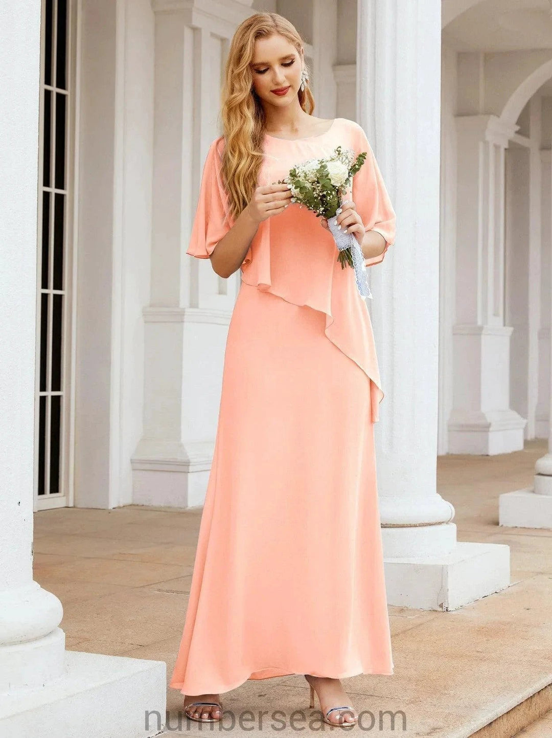 Sunnderly Formal Party Gown Dress Long Mother of The Bride Dresses with Ruffle Cape SY28026 by numbersea
