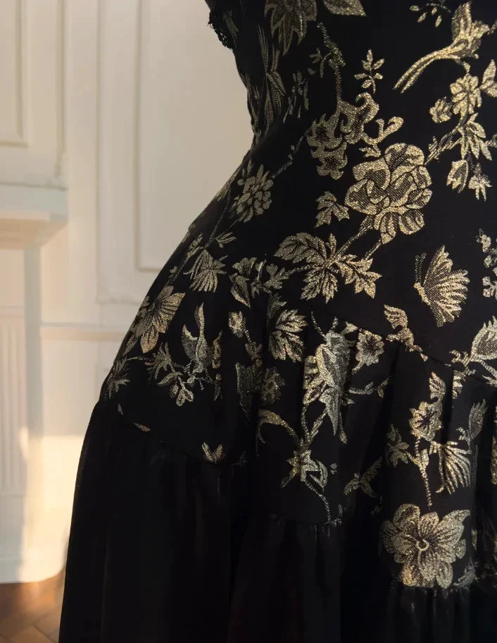 Robe de soirée longue noire élégante à col licou en satin imprimé floral avec sequins, coupe évasée, robe de bal Y8568
