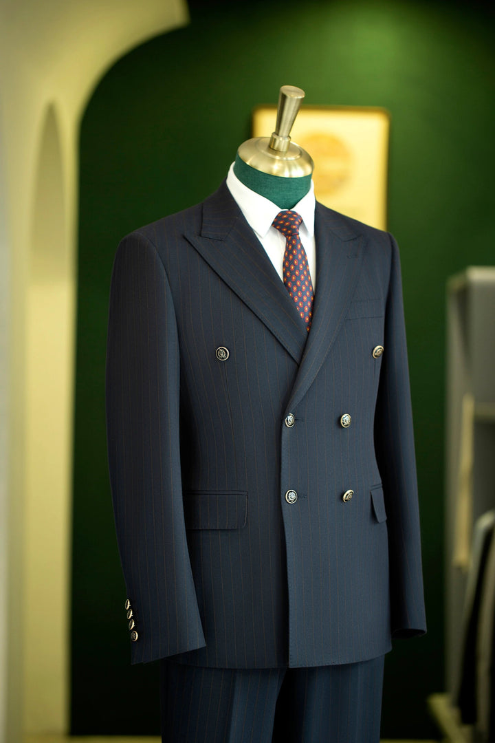 Double-Breasted Navy Pinstripe Wool Suit | Tailored Formal Groom &amp; Business Suit by 男装