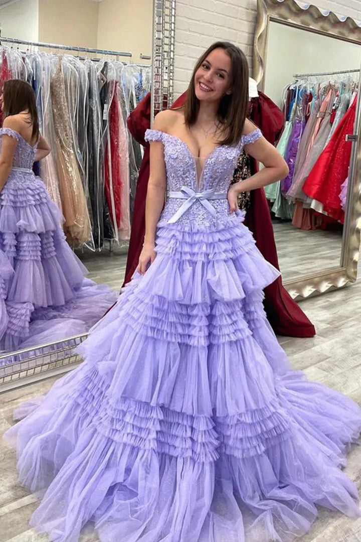 Princess A Line Off the Shoulder Light Pink Long Prom Dress with Ruffles by KissProm