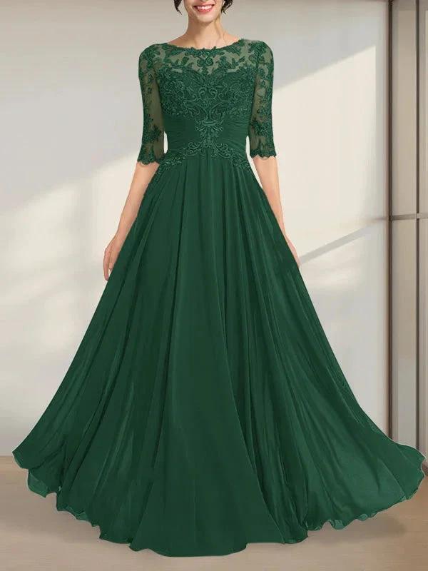 A-line Scoop Illusion Floor-Length Chiffon Lace Mother of the Bride Dress With Pleated Sequins by Dreamylily