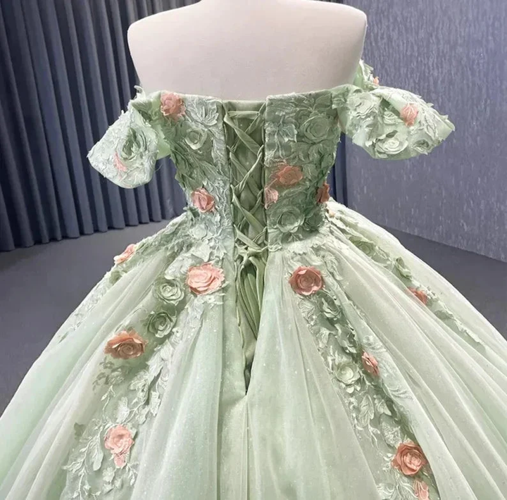 Matcha Green Off The Shoulder Floral Appliqués Shimmering Lace Up Back Quinceañera Pageant Special Occasion Gala Ball Gown Y2190 by simplepromdress