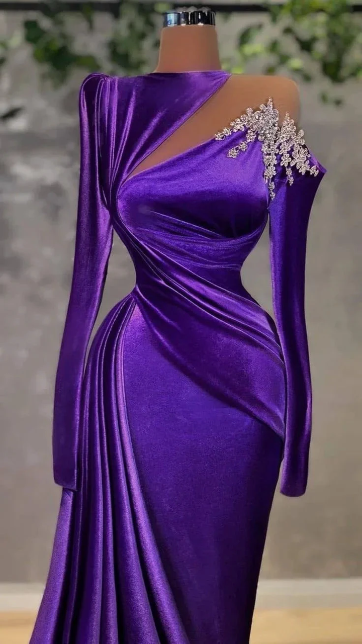 Elegant purple velvet evening gown with crystal shoulder detail on mannequin, ZAPDRESS