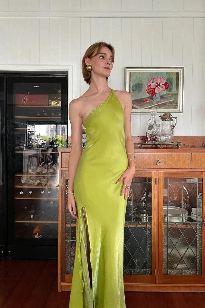 Elegant Green Sheath One Shoulder Long Party Prom Dress With Slit Backless Evening Dress Y8550 by simplepromdress