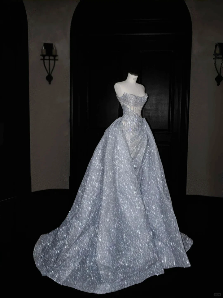 Glitter Strapless Blue Tulle Sequins A Line Prom Dress Evening Dress,Formal Wedding Dress Y8676 by simplepromdress