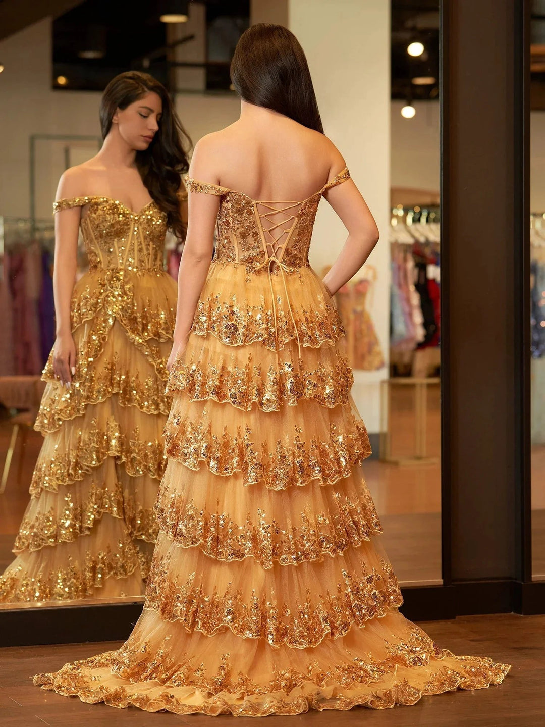 Gold Princess A Line Off the Shoulder Corset Prom Dress with Lace Ruffles by KissProm