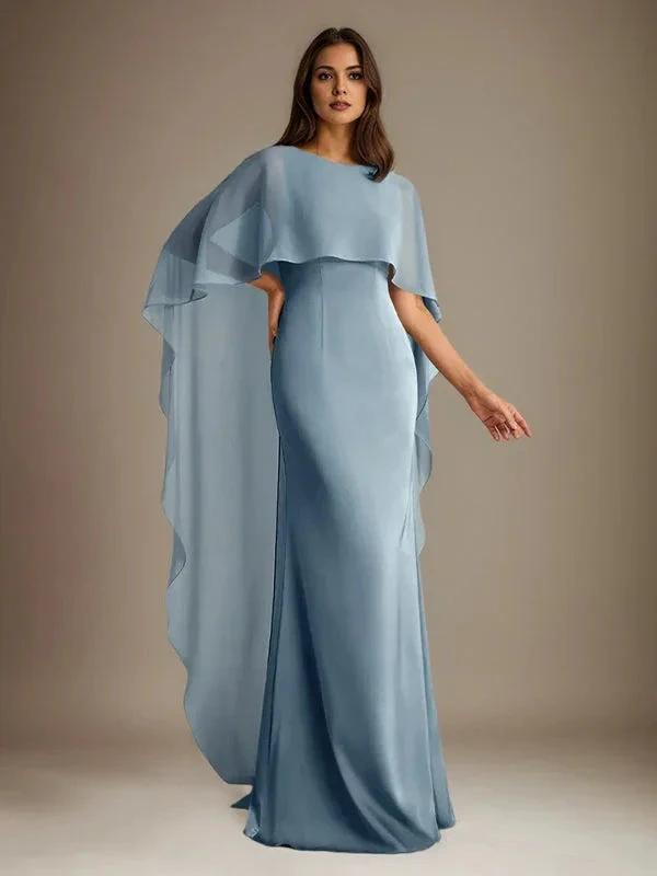 Sheath/Column Boatneck Floor-Length Chiffon Mother of the Bride Dress With Cascading Ruffles by Dreamylily