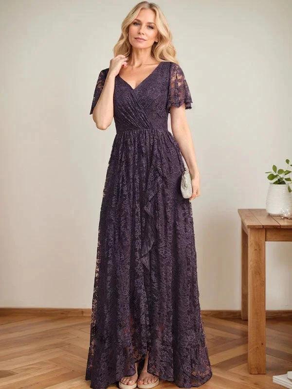 A-Line V-Neck Asymmetrical Lace Mother of the Bride Dress With Cascading Ruffles by Dreamylily
