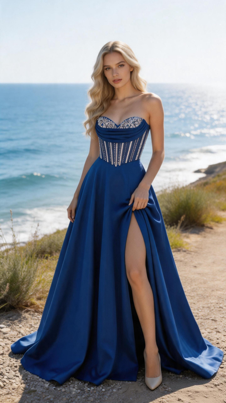 Königlich blaues trägerloses Korsett-Ballkleid mit Kristallbesatz und Schlitz
