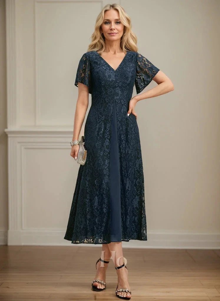 A-line V-Neck Tea-Length Lace Chiffon Mother of the Bride Dress by Dreamylily