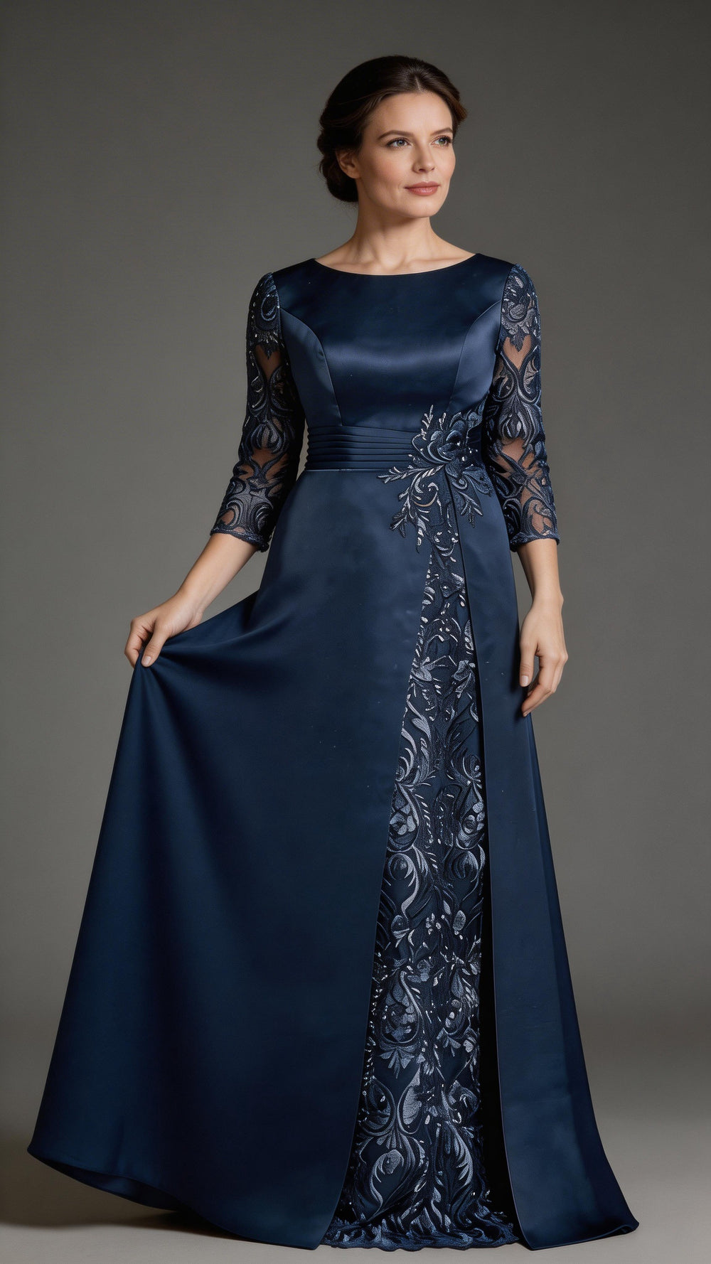 A-Line Scoop Floor-Length Lace Satin Mother Of the Bride Dress With Applique by Dreamylily