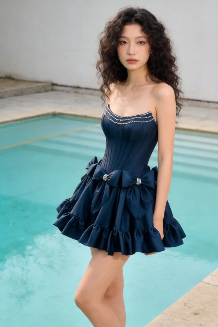 Navy Blue Strapless Corset Mini Dress with Crystal Bows &amp; Beaded Trim by simplepromdress