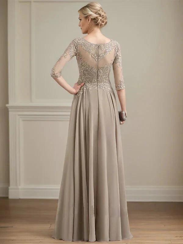 A-line Scoop Illusion Floor-Length Lace Chiffon Mother of the Bride Dress With Sequins by Dreamylily