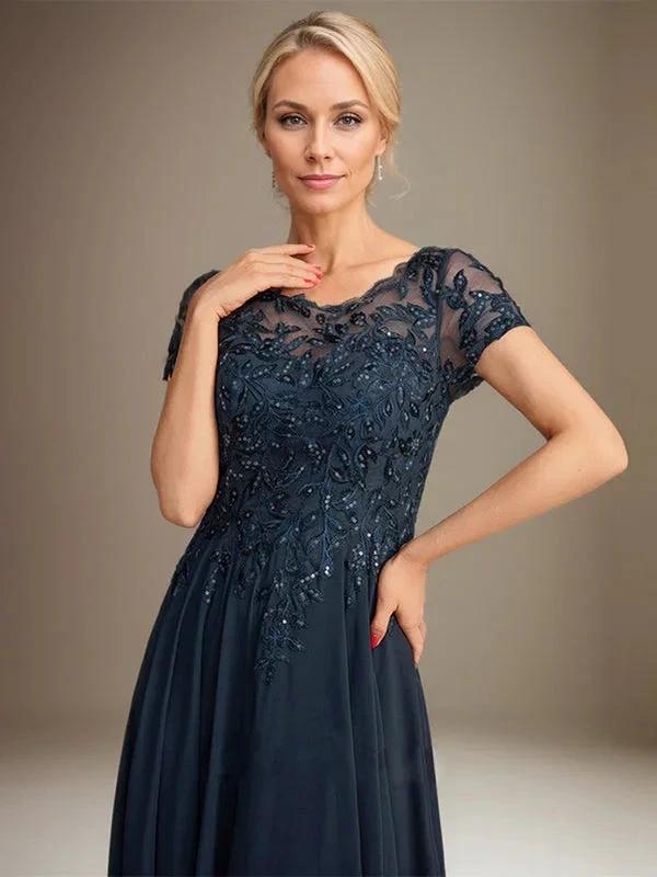 A-Line Scoop Floor-Length Chiffon Mother of the Bride Dress With Applique &amp; Sequins by Dreamylily