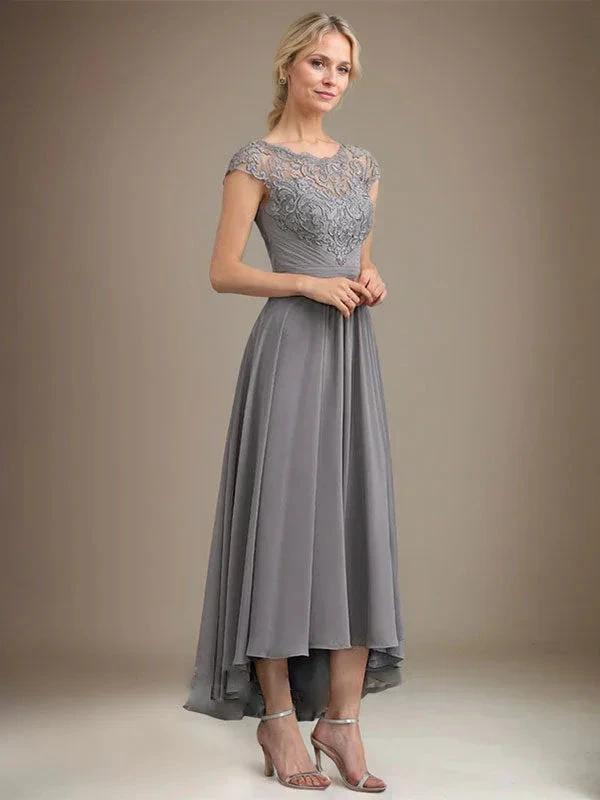 A-line Scoop Illusion Asymmetrical Lace Chiffon Mother of the Bride Dress With Pleated by Dreamylily