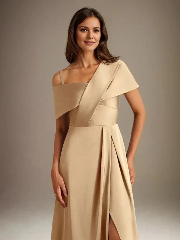 A-Line Asymmetrical Neckline Floor-Length Satin Mother of the Bride Dress With Pleated by Dreamylily