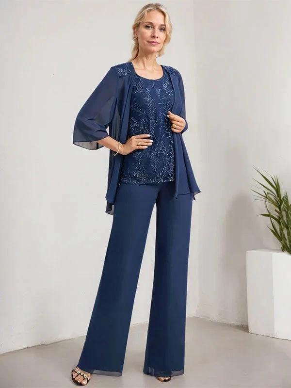 Separates Jumpsuit/Pantsuit Scoop Floor-Length Lace Chiffon Mother of the Bride Dress With Sequins by Dreamylily