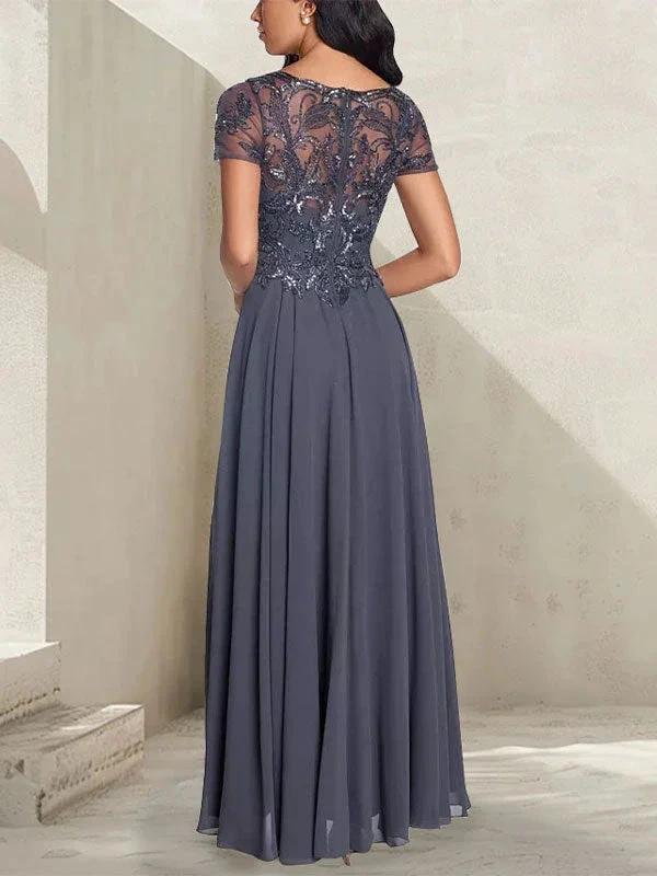 Charcoal Grey A-Line Scoop Long Mother of the Bride Dress With Beadings by Dreamylily