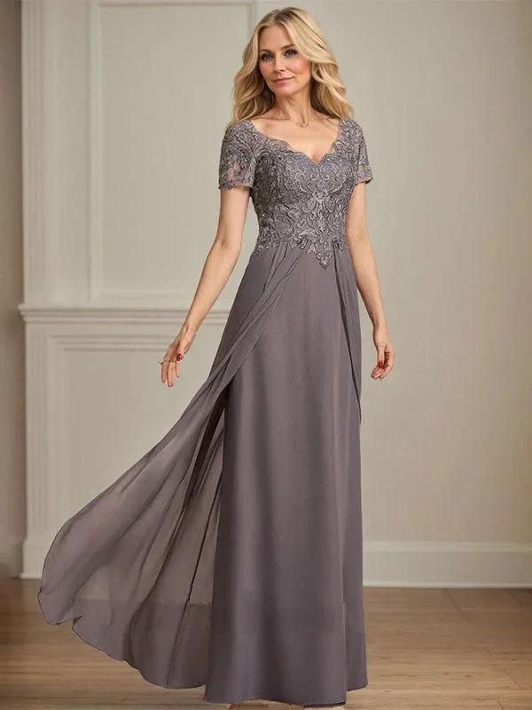 A-line V-Neck Floor-Length Chiffon Lace Mother of the Bride Dress by Dreamylily