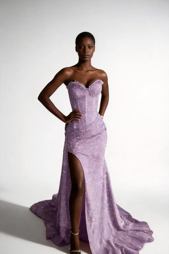 Lavender Sequin Strapless Sweetheart Mermaid Prom Dress with High Slit &amp; Train by tangjianjun