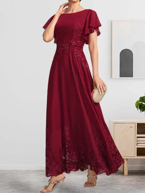 Abito da madre della sposa in chiffon di pizzo con scollo a U, lunghezza alla caviglia, linea a trapezio, con paillettes