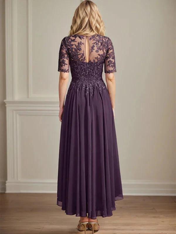 A-line Scoop Illusion Asymmetrical Chiffon Lace Mother of the Bride Dress With Sequins by Dreamylily
