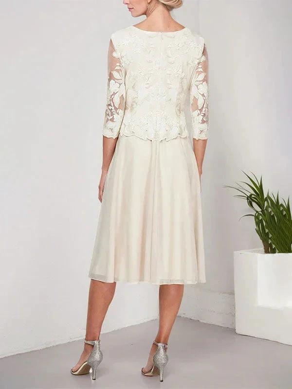 A-line Scoop Tea-Length Lace Chiffon Mother of the Bride Dress With Embroidery by Dreamylily