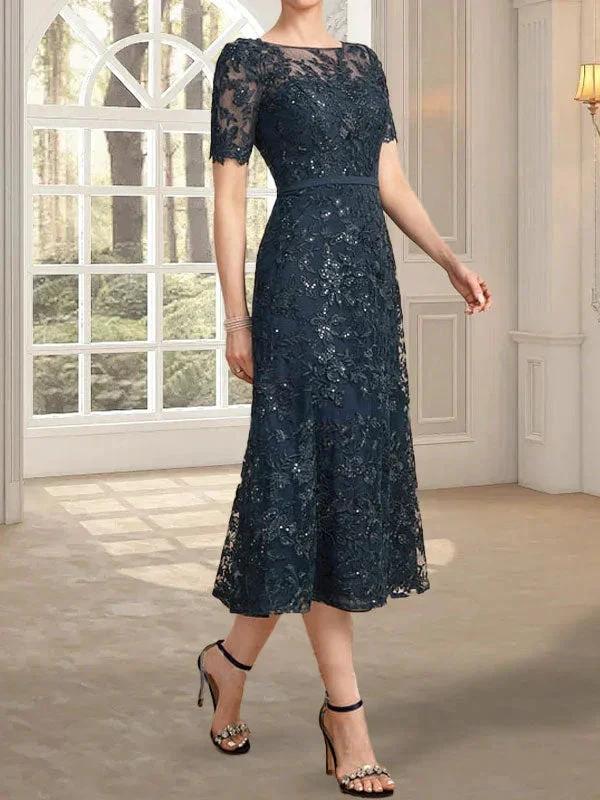 A-line Scoop Illusion Tea-Length Lace Mother of the Bride Dress With Sequins by Dreamylily