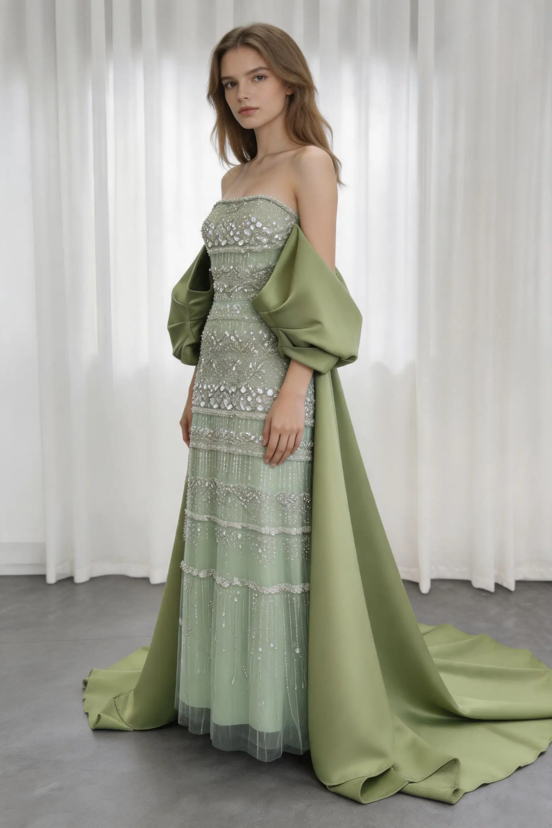 Sage Green Strapless Beaded Evening Gown with Oversized Satin Shawl and Court Train by simplepromdress