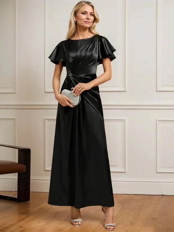 A-line Scoop Ankle-Length Stretch Satin Mother of the Bride Dress With Pleated Beading by Dreamylily