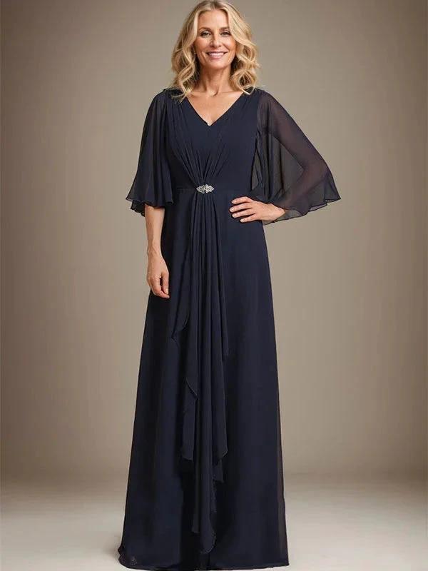 A-line V-Neck Floor-Length Chiffon Mother of the Bride Dress With Cascading Ruffles Crystal Brooch by Dreamylily