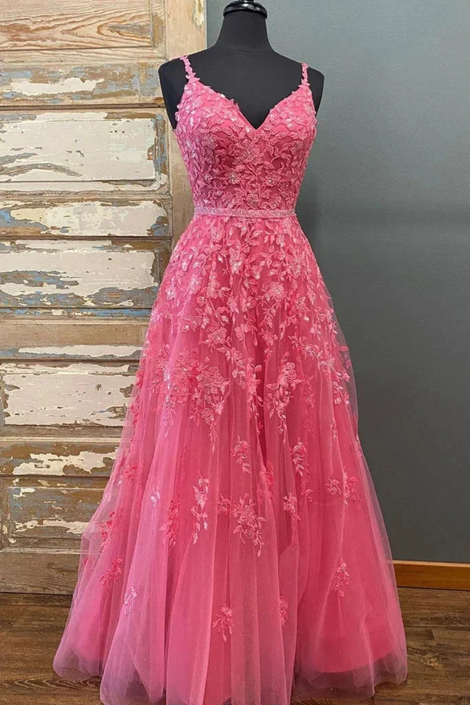 A Line V Neck Beaded Hot Pink Lace Long Prom Dress, Hot Pink Lace Formal Graduation Evening Dress Y216 by simplepromdress