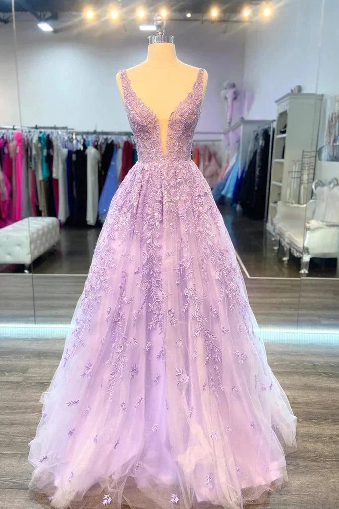 V Neck Purple Lace Long Prom Dress, Lilac Lace Formal Dress, Purple Evening Dress Y200 by simplepromdress