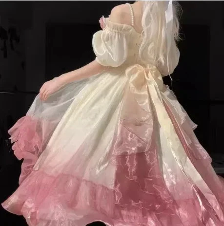 Roses Flowers Masquerade Prom Dress Champagne Pink Gradient Floral Wedding Dress Vintage Princess Dress with Pearls Y2401 by simplepromdress