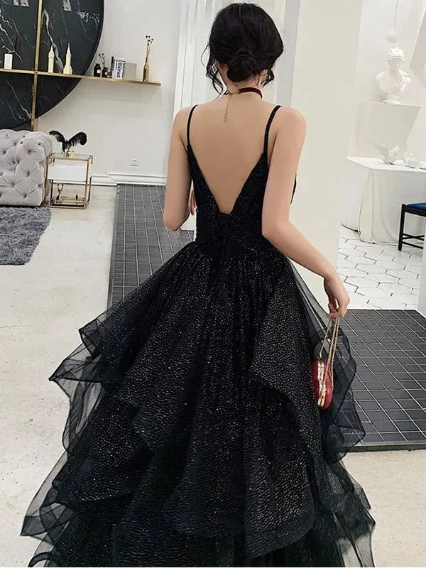 Shiny Black V Neck Prom Dresses, Backless Black V Neck Formal Evening Gown Y1148 by simplepromdress