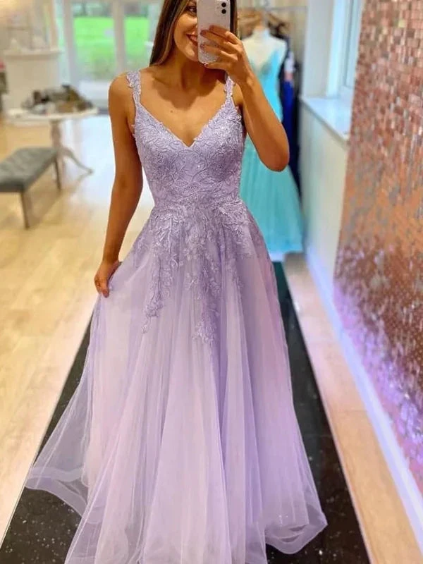 A Line V Neck Beaded Lace Long Prom Dresses, Lace Formal Dresses, Lavender Evening Dresses Y1802 by simplepromdress