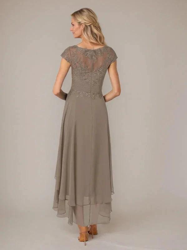 A-line Boat Neck Illusion Asymmetrical Chiffon Lace Mother of the Bride Dress With Applique Pleats by Dreamylily