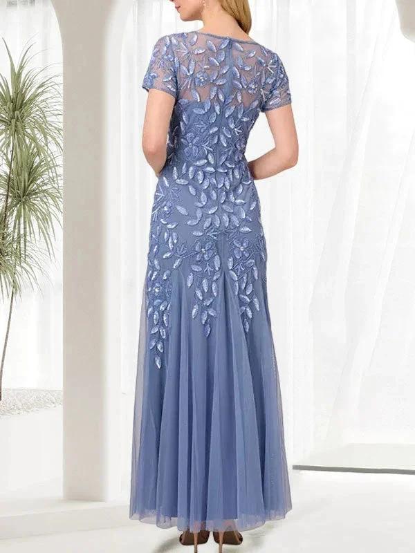 Blue Mermaid Round Neck Long Mother of the Bride Dress With Beadings by Dreamylily