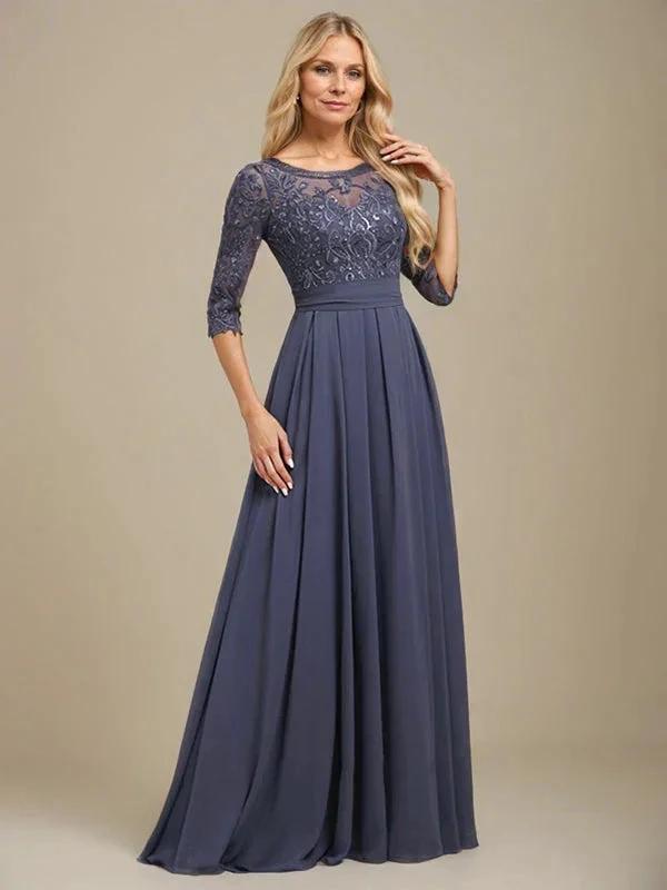A-Line Scoop Floor-Length Lace Chiffon Mother Of the Bride Dress With Sequins Applique by Dreamylily