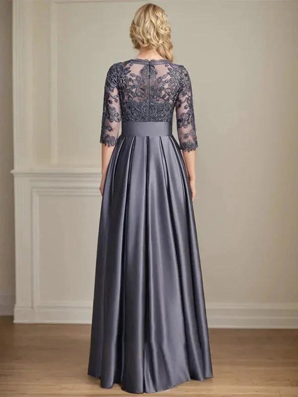 A-line Scoop Illusion Floor-Length Satin Lace Mother of the Bride Dress With Sequins Bow by Dreamylily
