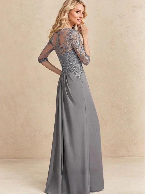 A-line Scoop Illusion Floor-Length Chiffon Lace Mother of the Bride Dress With Beading Sequins Cascading Ruffles by Dreamylily
