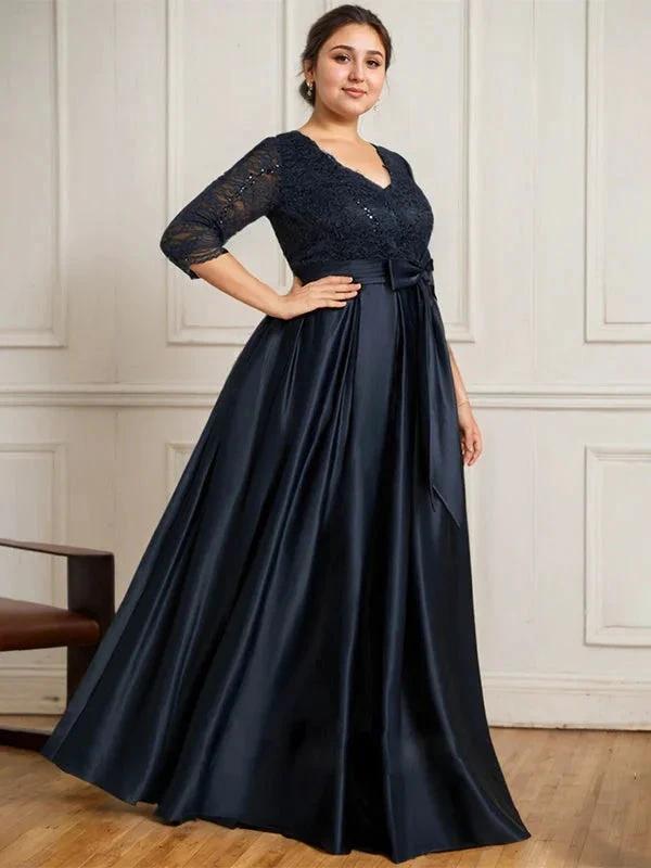 A-line V-Neck Floor-Length Satin Lace Mother of the Bride Dress With Sequins Bow by Dreamylily
