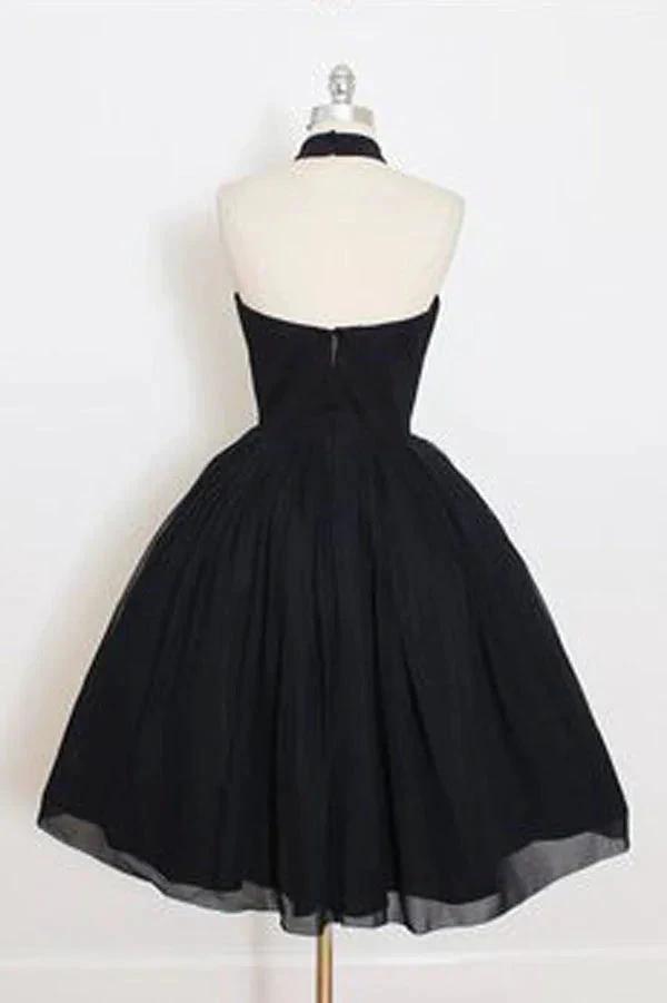 Black Halter A Line Sleeveless Tulle Ball Gown Mid Homecoming Dresses by Ombreprom