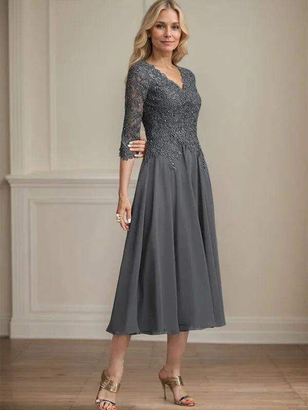A-line V-Neck Tea-Length Chiffon Lace Mother of the Bride Dress With Beading Sequins by Dreamylily