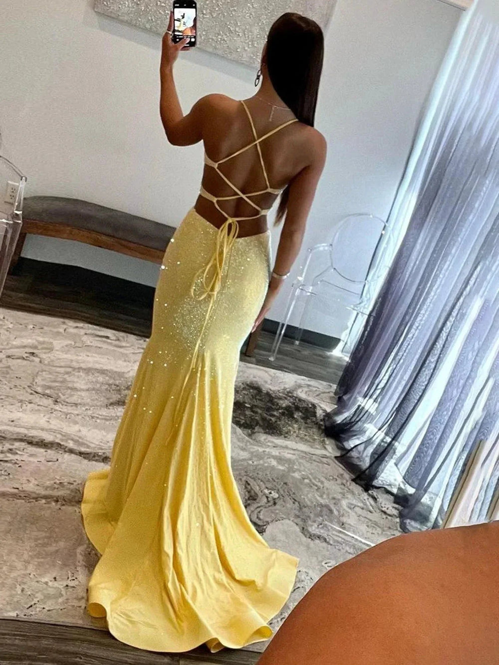 Glint | Sparkly Mermaid V Neck Yellow Sequins Long Prom Dresses by KissProm