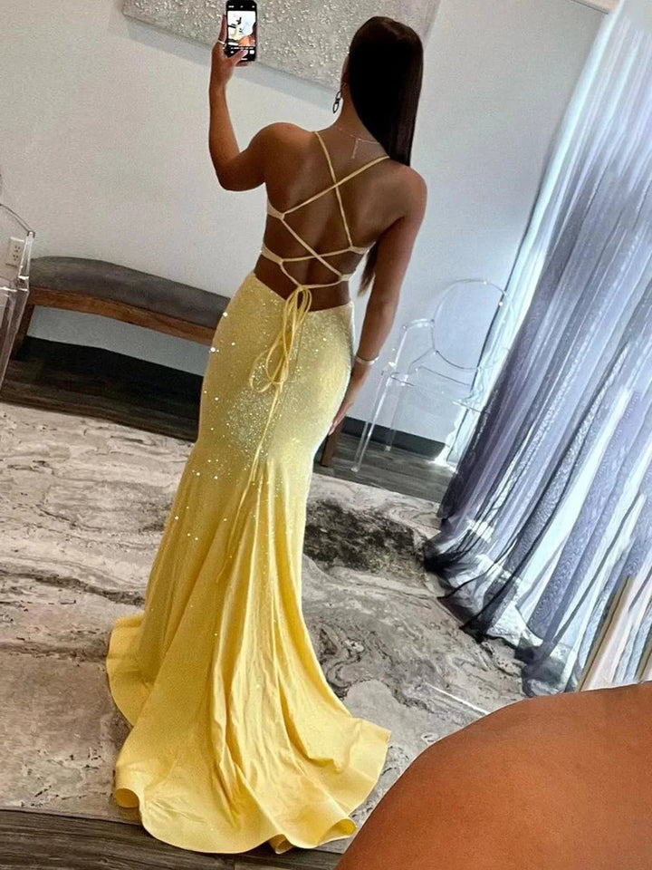 Glint | Sparkly Mermaid V Neck Yellow Sequins Long Prom Dresses by KissProm