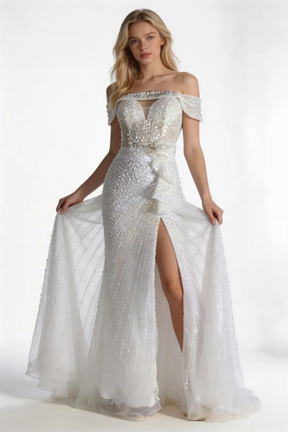Off-the-Shoulder Sequin Mermaid Formal Gown with High Slit &amp; Ruffle Detail by tangjianjun