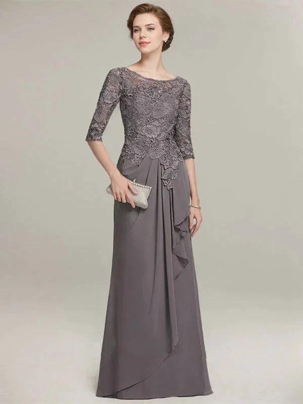 A-line Scoop Illusion Floor-Length Lace Chiffon Mother of the Bride Dress With Cascading Ruffles by Dreamylily
