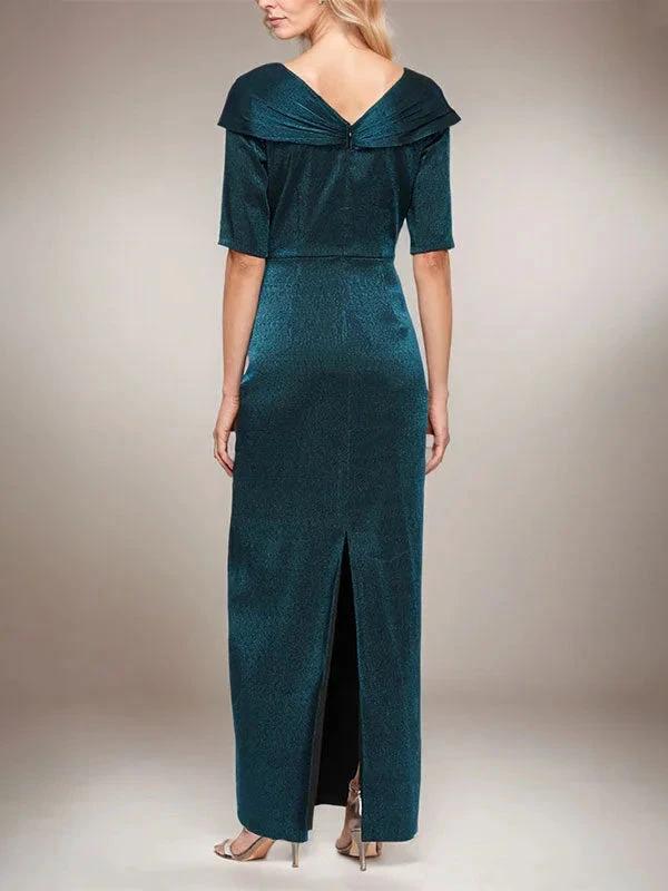 Long Shimmer Column Dress with Foldover Cuff L-Neckline and Elbow Sleeves by Dreamylily