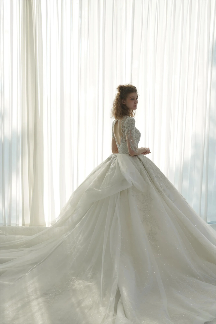Dazzling Ball Gown Deep V-Neck Tulle Wedding Dress with Beaded Embroidery &amp; Illusion Cut-Out Back Q-6022 by ZAPDRESS